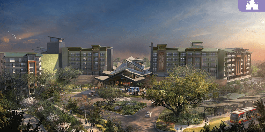 Disney Lakeshore Lodge artist rendering at Walt Disney World featuring a nature-inspired resort entrance surrounded by lush landscaping and Bay Lake views.