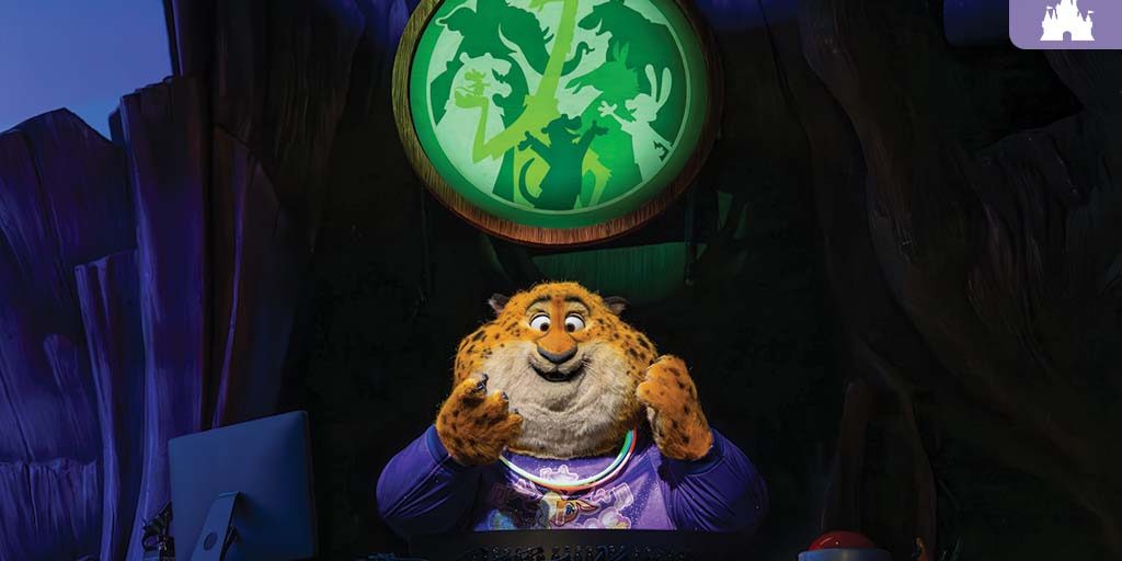 disney-world-audio-animatronics-zootopia Audio-Animatronic figure of Clawhauser from Zootopia in glow accessories at Disney’s Animal Kingdom's Tree of Life Theater.