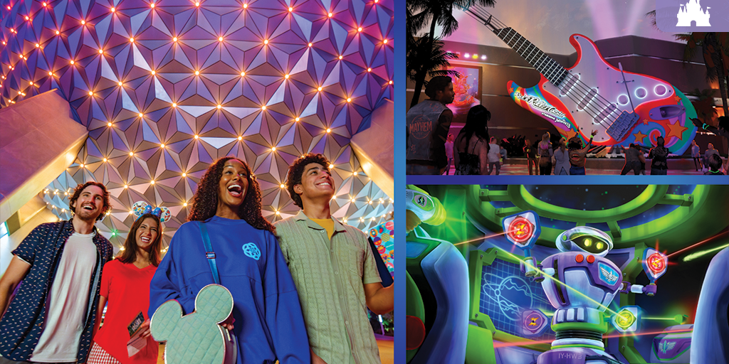 Guests explore EPCOT at night, with views of a colorful Spaceship Earth, a giant guitar at Rock 'n' Roller Coaster, and Buzz Lightyear ride updates.