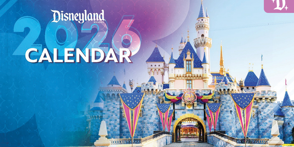 Disneyland Resort 2026 calendar banner featuring Sleeping Beauty Castle decorated in blue, pink, and gold anniversary banners.