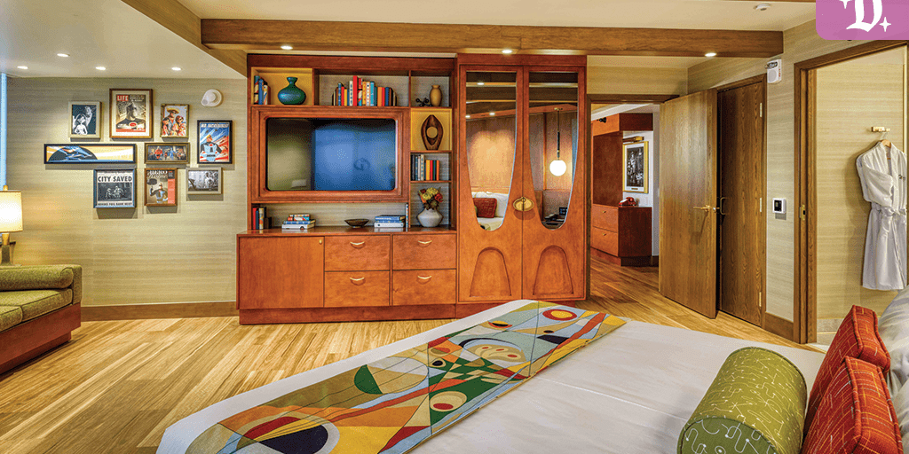 Colorful mid-century style Incredibles Suite at Pixar Place Hotel with vibrant decor, retro furnishings, and themed artwork on the walls.