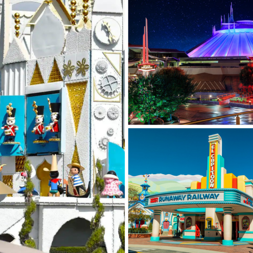 A collage featuring a whimsical attraction facade with animated figures, a vibrant futuristic ride illuminated at night, and a colorful railway station.
