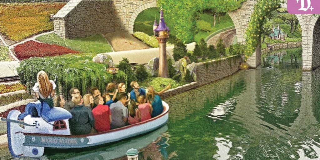 Concept art of a Storybook Land Canal Boats scene at Disneyland, featuring Rapunzel’s Tower surrounded by greenery, with guests riding a decorated boat along the canal.