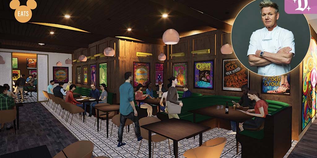 downtown-disney-gordon-ramsay-carnaby Rendering of Gordon Ramsay’s upcoming Downtown Disney gastropub, featuring vibrant ‘60s British pop art, moody lighting, and modern seating areas, with an inset of Chef Ramsay in a white chef’s coat.