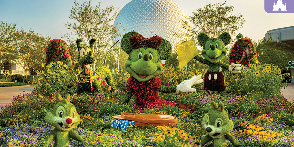 Mickey, Minnie, Pluto and Chip ‘n’ Dale topiaries bloom in colorful flowers at EPCOT Flower & Garden Festival with Spaceship Earth behind them.
