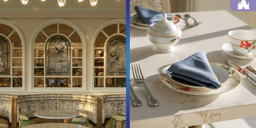 Elegant Garden View Lounge interior with stained glass windows, floral seating, and refined tea setting with china and blue napkin