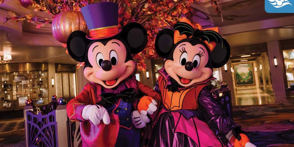 Mickey and Minnie Mouse in Halloween costumes aboard a Disney Cruise Line ship decorated for Halloween on the High Seas.