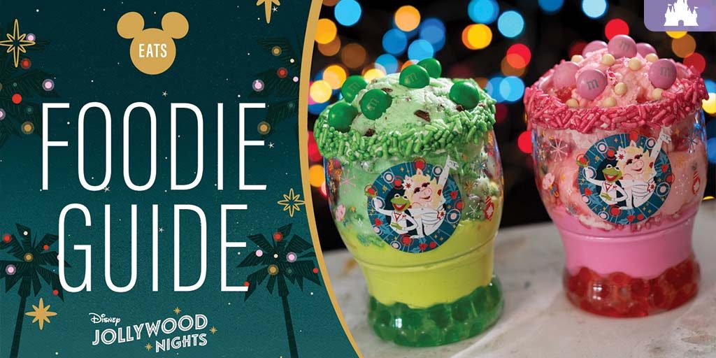 jollywood-nights-2025-foodie-guide Holiday-themed Miss Piggy and Kermit dessert cups filled with festive green and pink ice cream, topped with sprinkles and M&M's at Disney Jollywood Nights 2025.