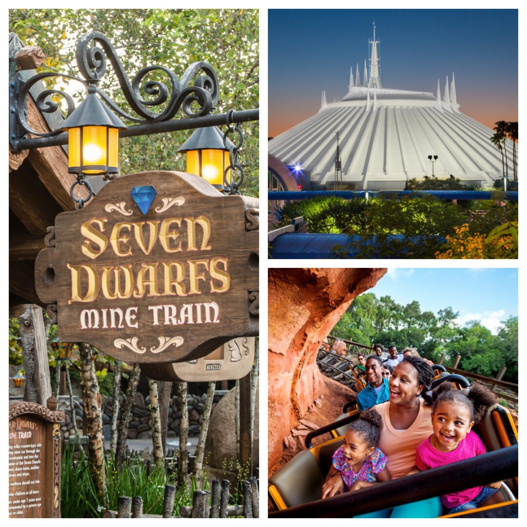 Collage featuring the Seven Dwarfs Mine Train sign, Space Mountain, and a family enjoying a ride on the roller coaster.