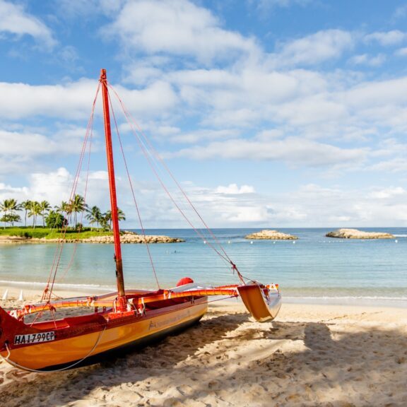 A colorful boat sits on sandy beach shores, with calm waters and a clear sky in the background, surrounded by palm trees.