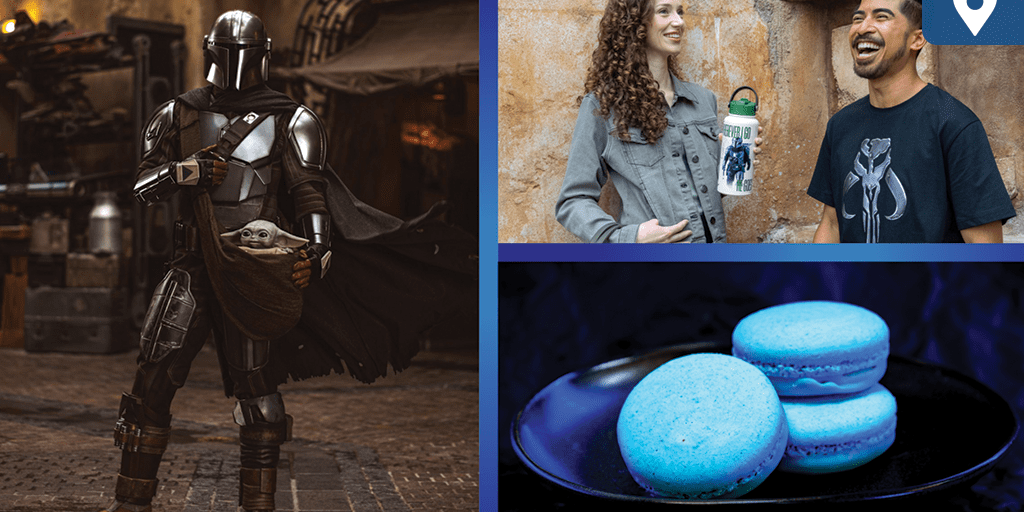 The Mandalorian holding Grogu alongside Star Wars-themed merchandise and blue macarons available at Disney Parks