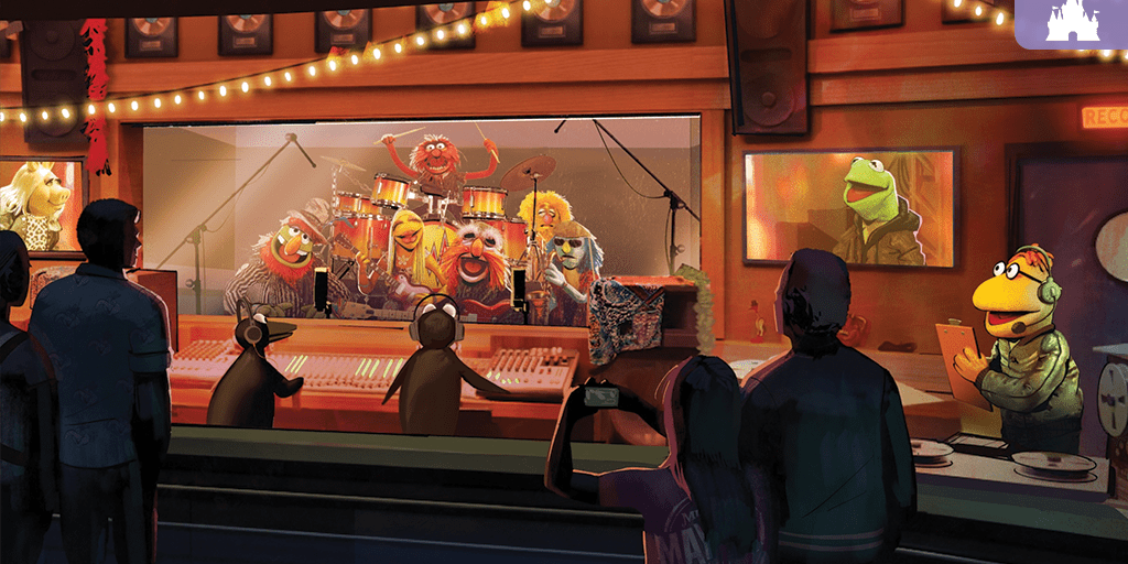 Artist concept of the Electric Mayhem rehearsing at G-Force Records in Rock 'n' Roller Coaster Starring The Muppets at Disney's Hollywood Studios