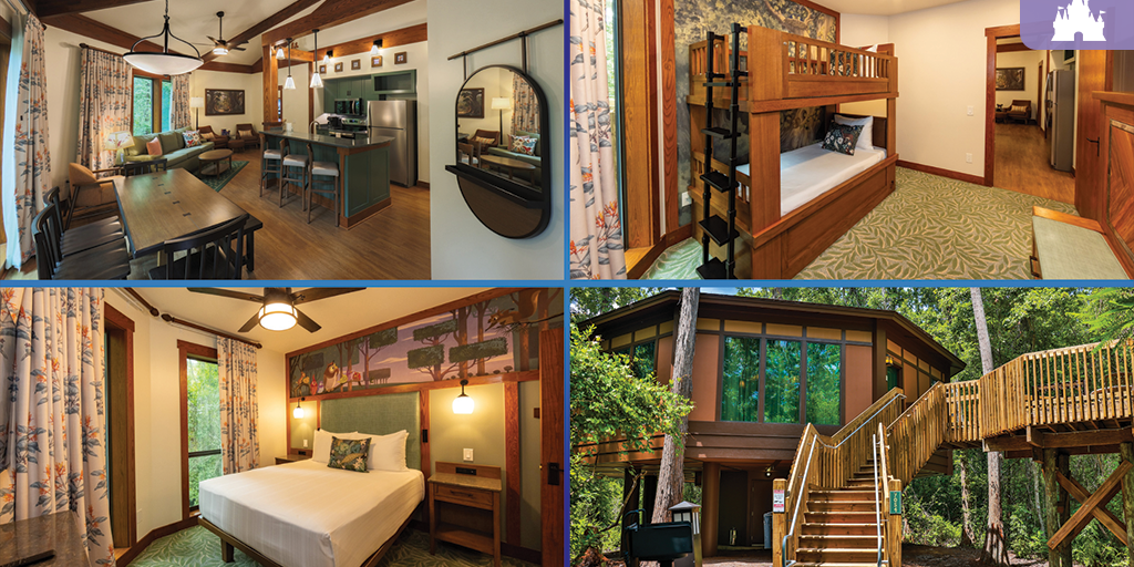 Reimagined Treehouse Villas at Disney's Saratoga Springs Resort featuring updated dining area, bunk beds, Disney mural bedroom, and wooded exterior staircase.