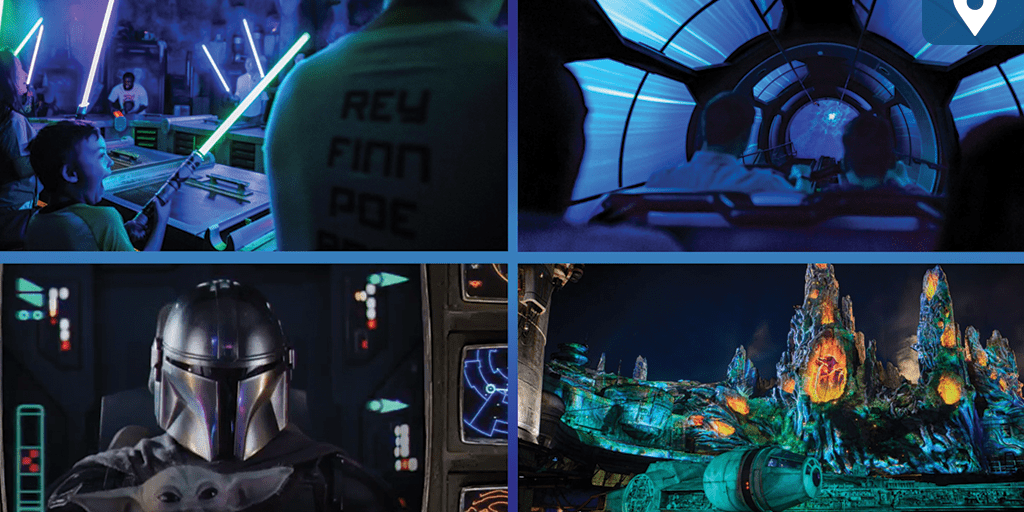 Star Wars experiences at Disney Parks: lightsaber building, Millennium Falcon cockpit, the Mandalorian and Grogu, and Galaxy's Edge at night