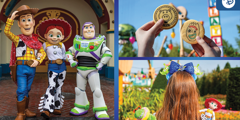 Woody, Jessie, and Buzz Lightyear posing at Disney Parks alongside Toy Story 5 themed cookies and Little Green Men Minnie ears merchandise.