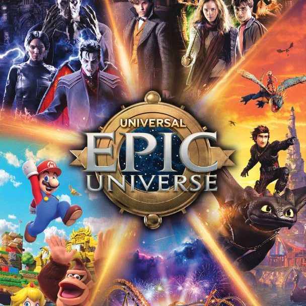 Promotional image for Universal Epic Universe featuring themed lands with characters from Super Mario, Harry Potter, How to Train Your Dragon, and Universal Dark Universe.