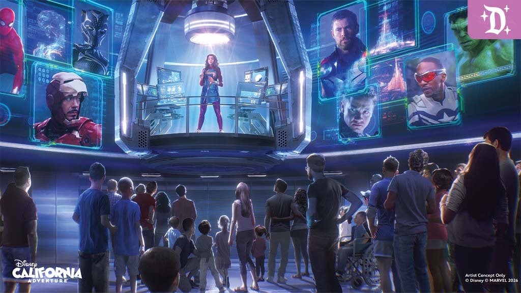 Visitors gather in a futuristic hall watching a woman in an elevated glass chamber surrounded by holographic screens of various superheroes