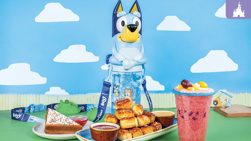 Bluey-themed food and drinks at Disney's Animal Kingdom, including fairy bread cake, mini pretzels, berry lemonade, and a Bluey sipper cup.