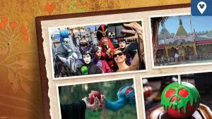 A collage of Disney-themed images featuring a group selfie with Disney villains, a Snow White-themed park attraction, a hand offering a red apple, and a poison apple-inspired caramel treat with green chocolate drips resembling a skull.