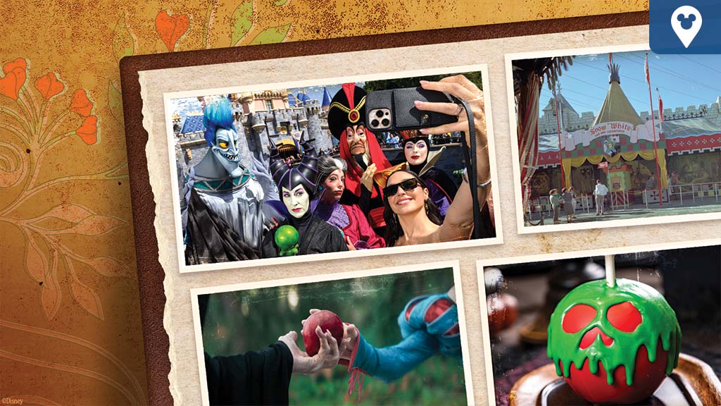 celebrating-snow-white-disney-parks A collage of Disney-themed images featuring a group selfie with Disney villains, a Snow White-themed park attraction, a hand offering a red apple, and a poison apple-inspired caramel treat with green chocolate drips resembling a skull.