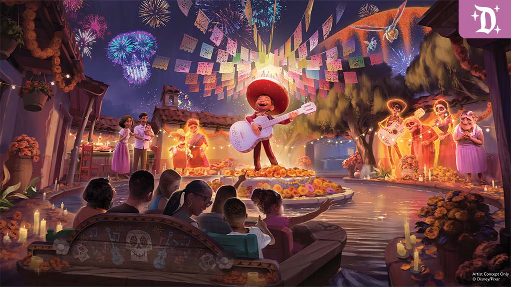 Family in a lantern-lit boat floats along a courtyard river as a sombrero-clad guitarist stands on marigolds under papel picado and fireworks