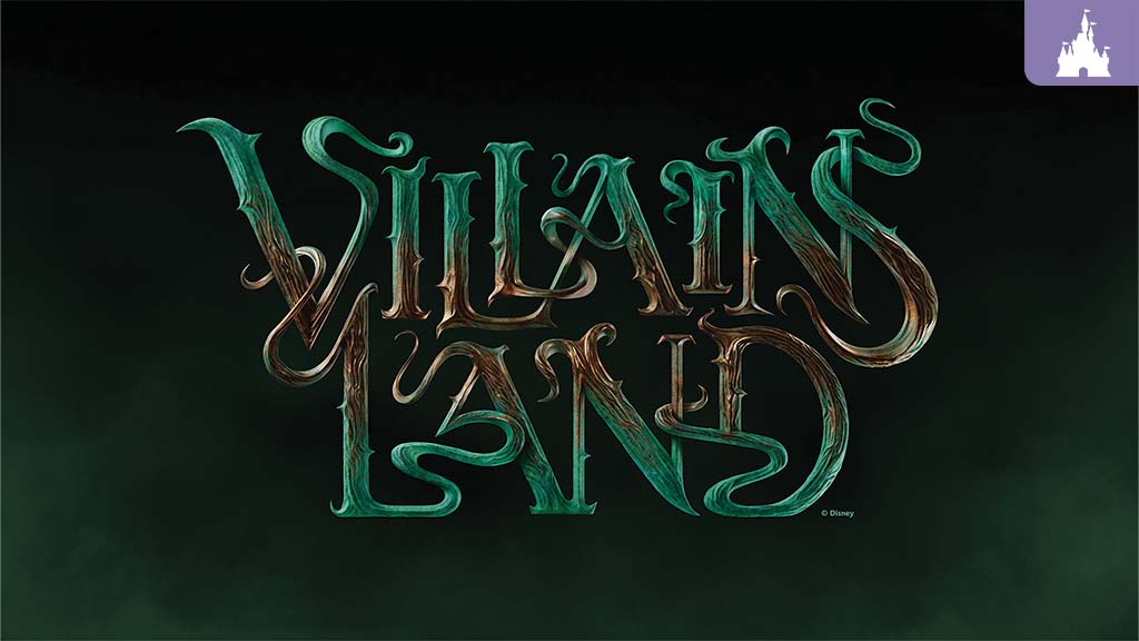 Stylized Villains Land lettering in green and brown wood-textured font against a dark background