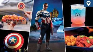 A collage of Captain America: Brave New World experiences at Disney parks. The center features Sam Wilson as Captain America in front of Avengers Campus. Surrounding images showcase a Captain America shield sipper, a red, white, and blue layered drink, spicy wings with potato bites, a themed hot dog with a Captain America cookie, and a detailed Captain America shield display.