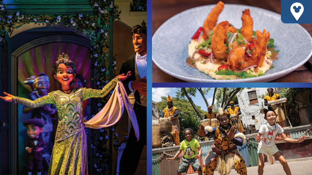 Princess Tiana dancing in a sparkling green gown, crispy shrimp dish on creamy polenta, and kids dancing with Tam Tam Drummers at Disney Parks for Black History Month.