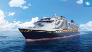 A rendering of the Disney Adventure cruise ship sailing on calm blue waters under a bright, clear sky. The ship's exterior features Disney-themed detailing, multiple decks, and red smokestacks.