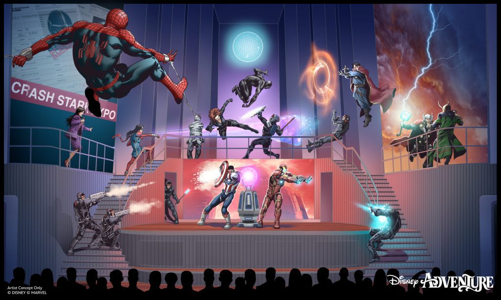 Artist concept of a Marvel-themed stage show aboard a Disney Cruise, featuring superheroes like Spider-Man, Iron Man, and Thor in dynamic battle scenes.