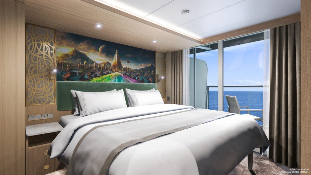 Spacious Disney Cruise Line stateroom with a queen bed, sofa, elegant decor, and private verandah view.