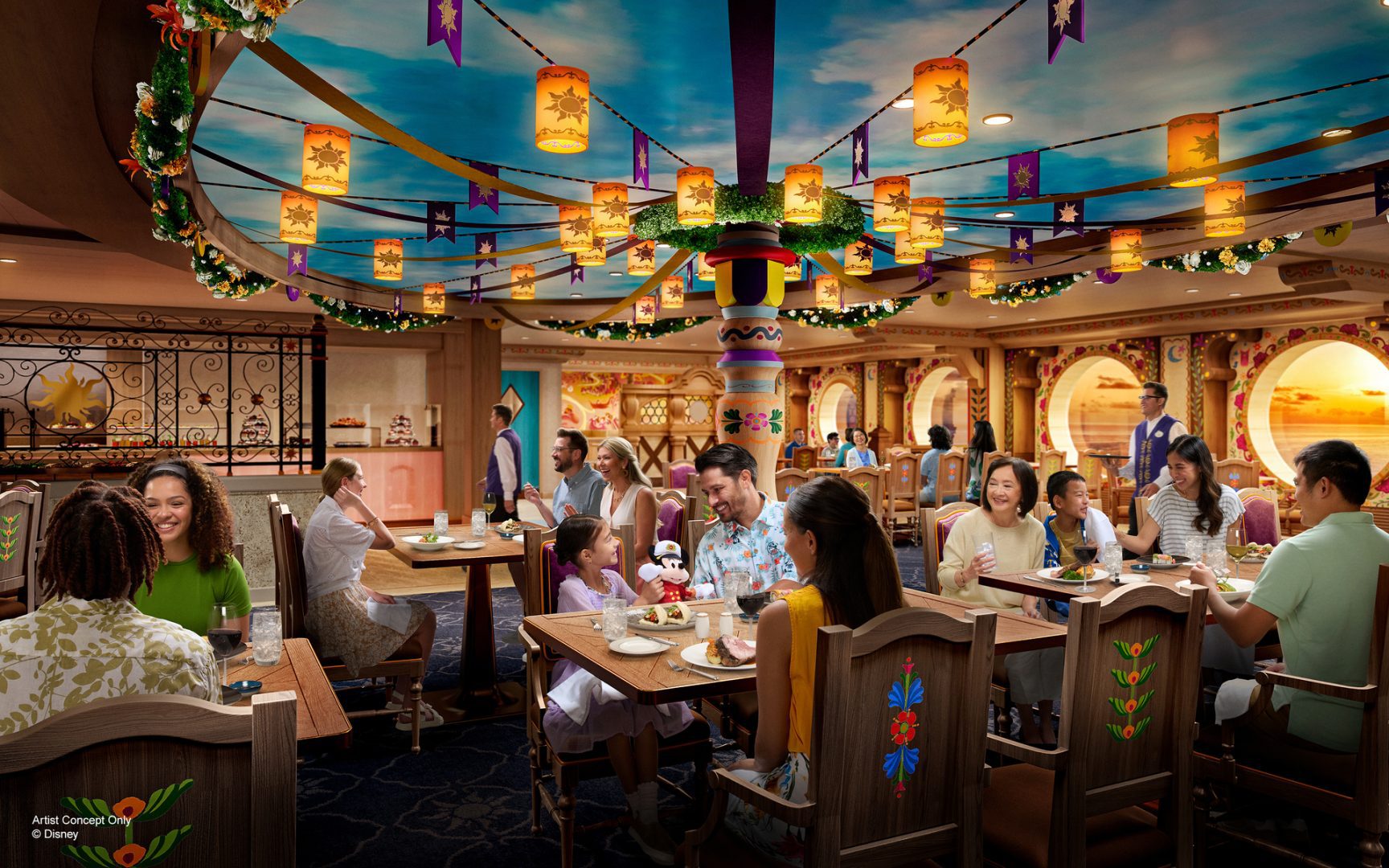 Enchanted Summer restaurant aboard a Disney Cruise ship, decorated with floral accents, warm lighting, and elegant table settings.