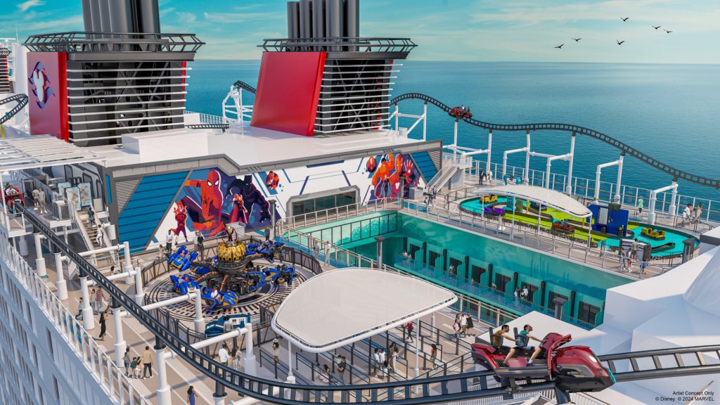 Marvel-themed deck on a Disney Cruise ship with superhero murals, interactive rides, roller coaster track, and panoramic ocean views.