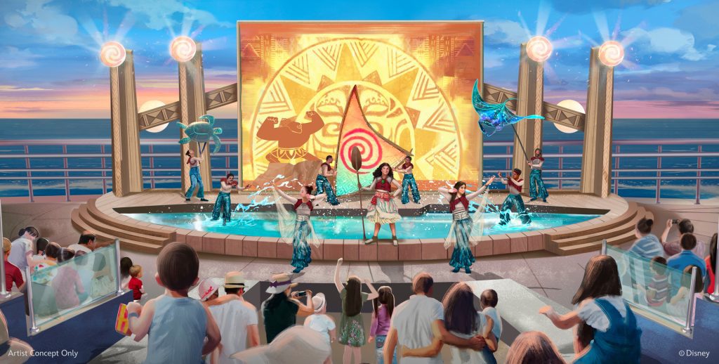 Artist concept of a Moana-themed stage show on a Disney Cruise ship, with live performers, ocean-inspired props, and a glowing sunset backdrop.