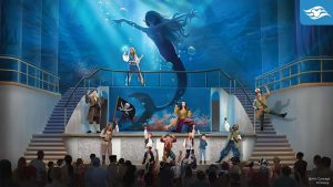 Concept art of a Disney Cruise Line stage show featuring Captain Jack Sparrow and a crew of pirates. The backdrop showcases an underwater scene with a mystical mermaid reaching out. Performers, including children dressed as pirates, engage with the audience in a lively adventure.
