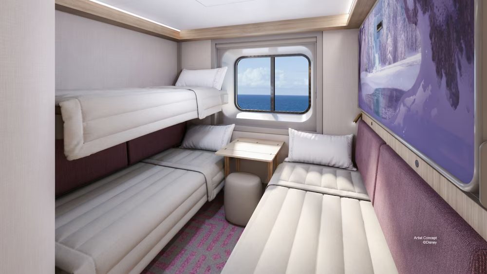 Disney Cruise Line oceanview stateroom with a large porthole window, cozy bed, and stylish nautical decor.