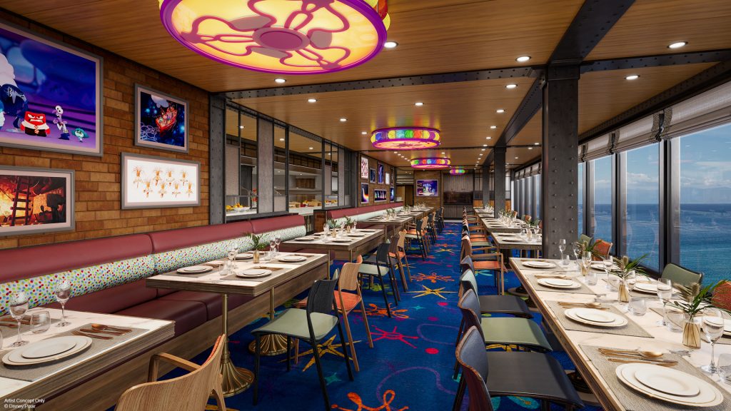 Pixar-themed market restaurant on a Disney Cruise ship, featuring colorful character decor, buffet stations, and family-friendly dining.