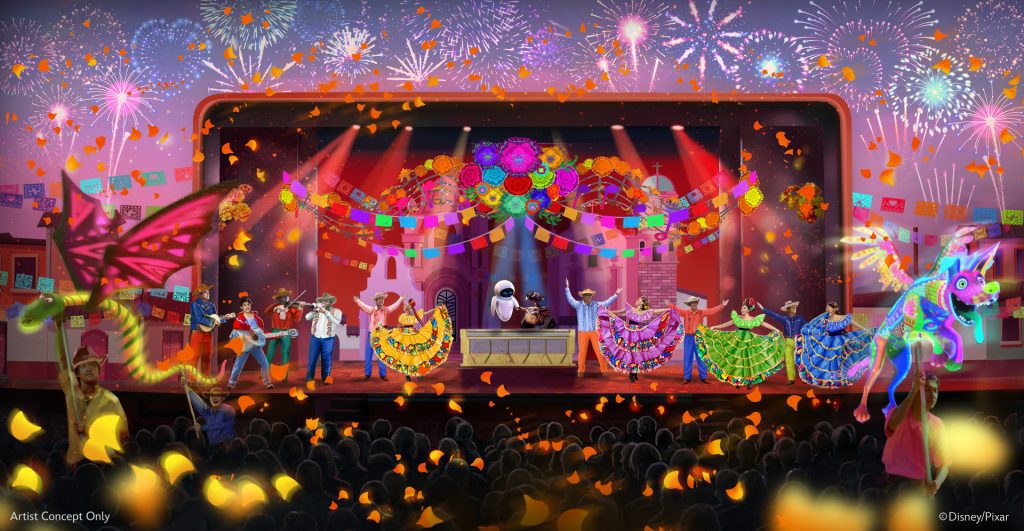 Artist concept of a vibrant Disney Cruise stage show with folkloric dancers, Pixar characters, colorful papel picado, and fireworks in a festive setting.