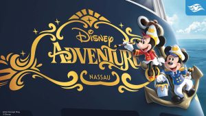 Disney Adventure cruise ship stern featuring Captain Mickey and Captain Minnie in nautical uniforms, with ornate gold lettering and decorative accents.