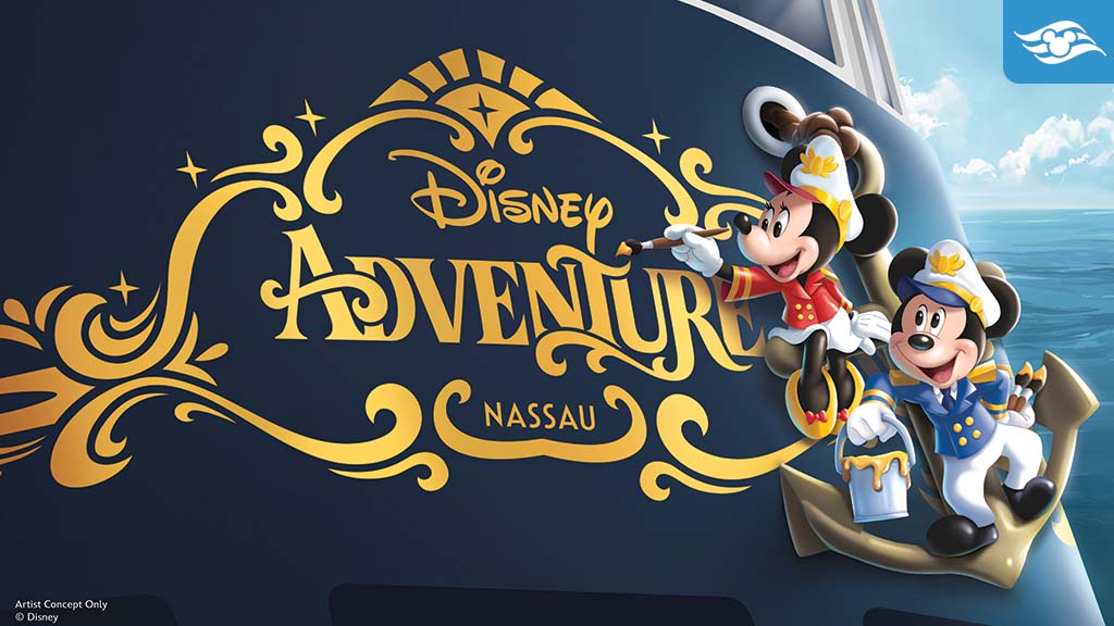disney-cruise-line-adventure-stern-characters Disney Adventure cruise ship stern featuring Captain Mickey and Captain Minnie in nautical uniforms, with ornate gold lettering and decorative accents.