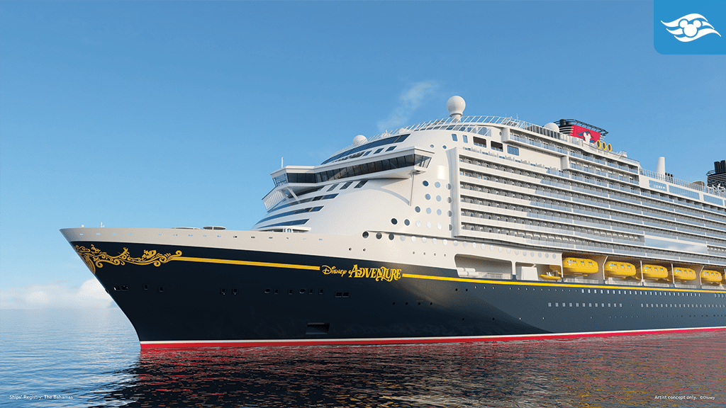 disney-cruise-line-adventure Rendering of the Disney Adventure cruise ship on calm blue waters, showcasing its sleek design and distinctive Disney Cruise Line branding.
