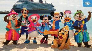 A group of animated characters in colorful outfits pose cheerfully on a beach, with a large cruise ship in the background.