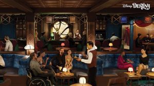 Concept art of The Sanctum lounge aboard Disney Destiny, featuring guests enjoying drinks in a mystical, Doctor Strange-inspired setting with ornate décor, ambient lighting, and a magical atmosphere.