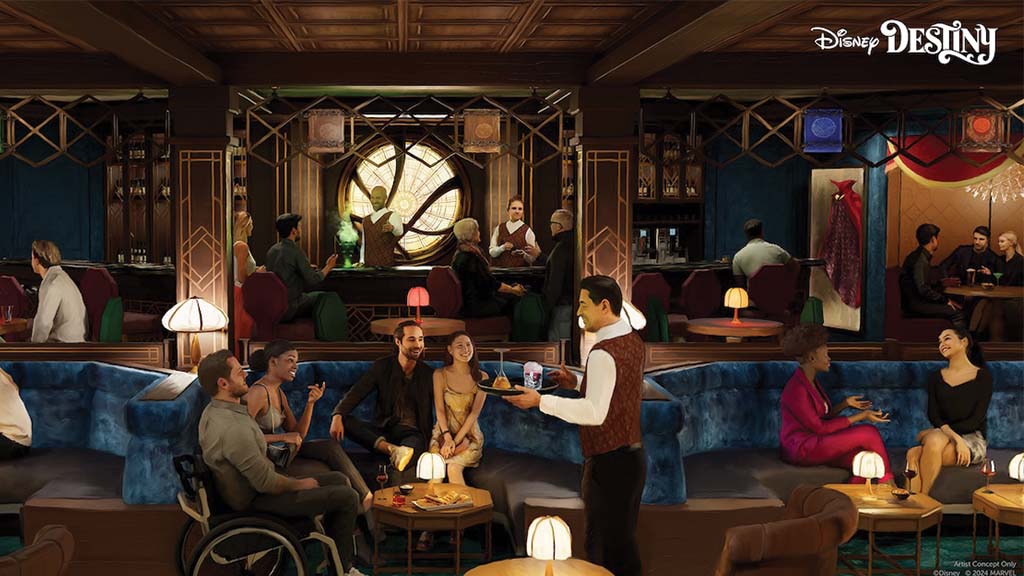 disney-cruise-line-destiny-dining-first-look Concept art of The Sanctum lounge aboard Disney Destiny, featuring guests enjoying drinks in a mystical, Doctor Strange-inspired setting with ornate décor, ambient lighting, and a magical atmosphere.