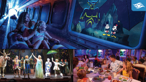 A collage featuring a family enjoying a themed ride, a stage performance with characters, and a lively dining experience with children.