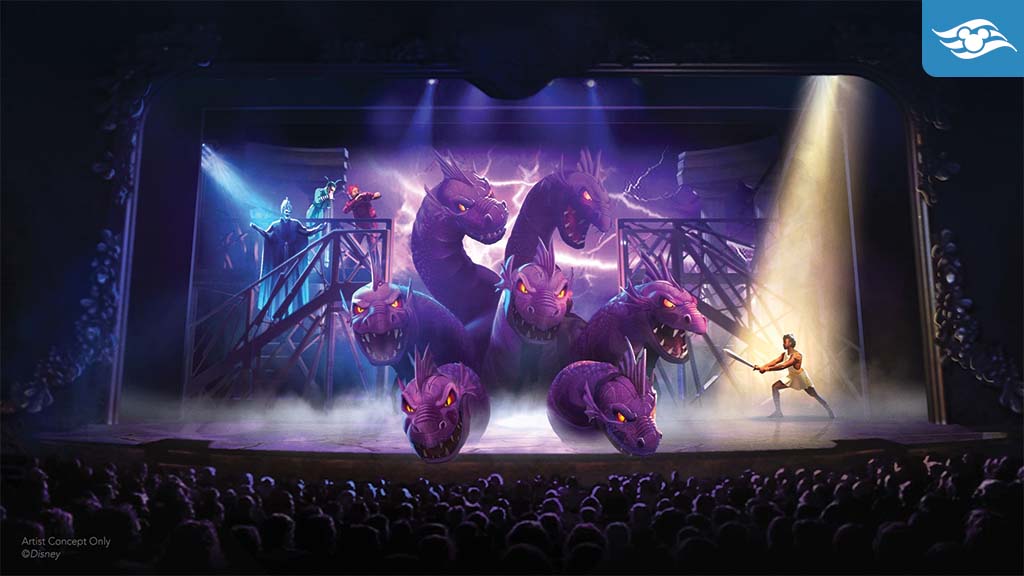 Hercules battles a giant multi-headed Hydra puppet on stage in a dramatic scene from the Disney Hercules stage show aboard Disney Destiny.