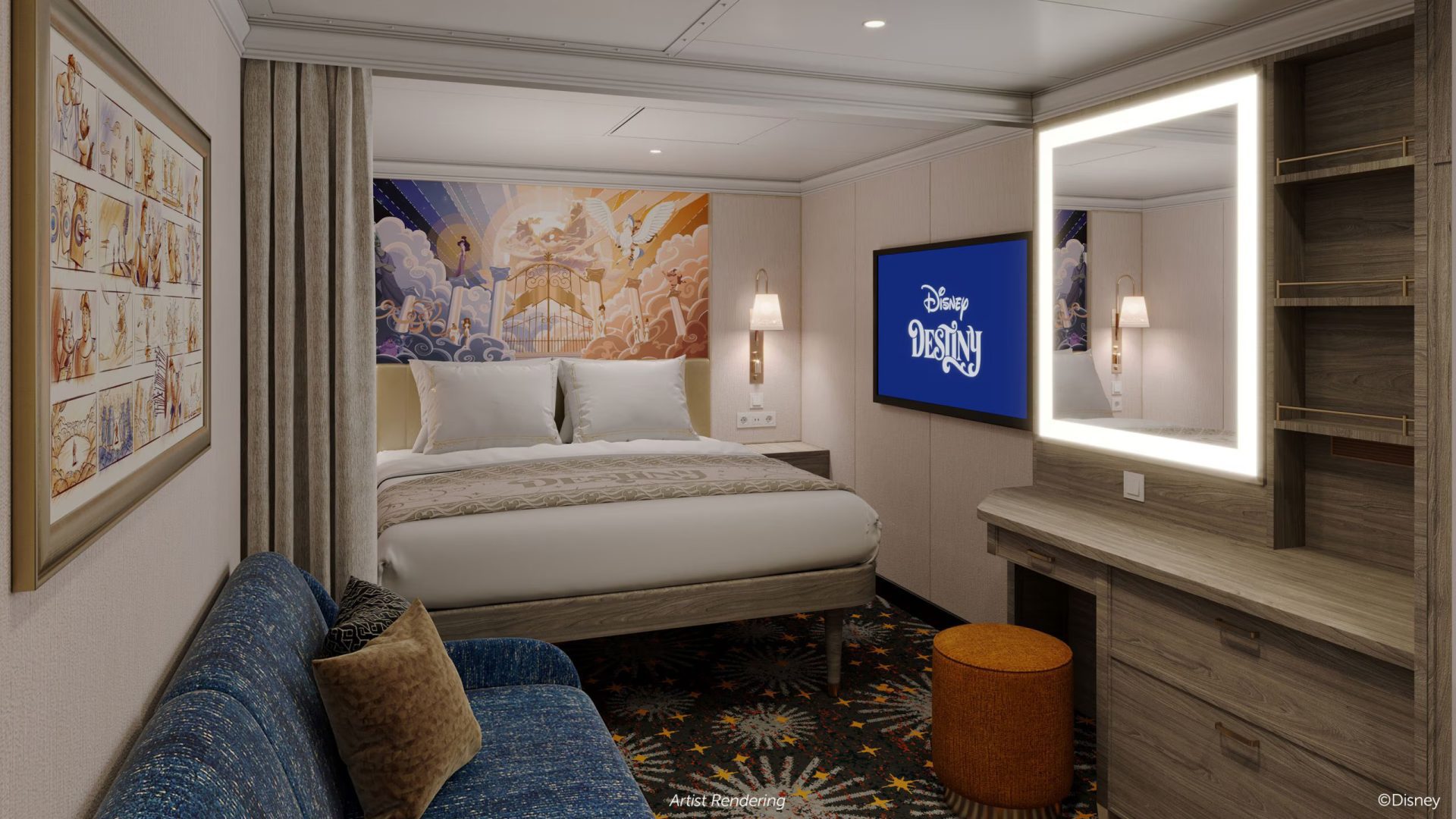 A cozy hotel room featuring a queen bed, a sitting area, a TV with Disney branding, and colorful wall art.