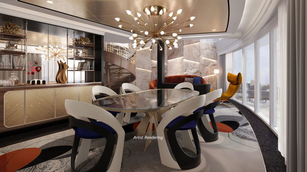 A modern dining area with a round table, stylish chairs, a unique chandelier, and large windows offering ample natural light.