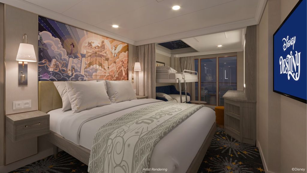 Cozy hotel room featuring a queen bed, bunk beds, a mural, and modern amenities, with soft lighting and a Disney-themed TV.