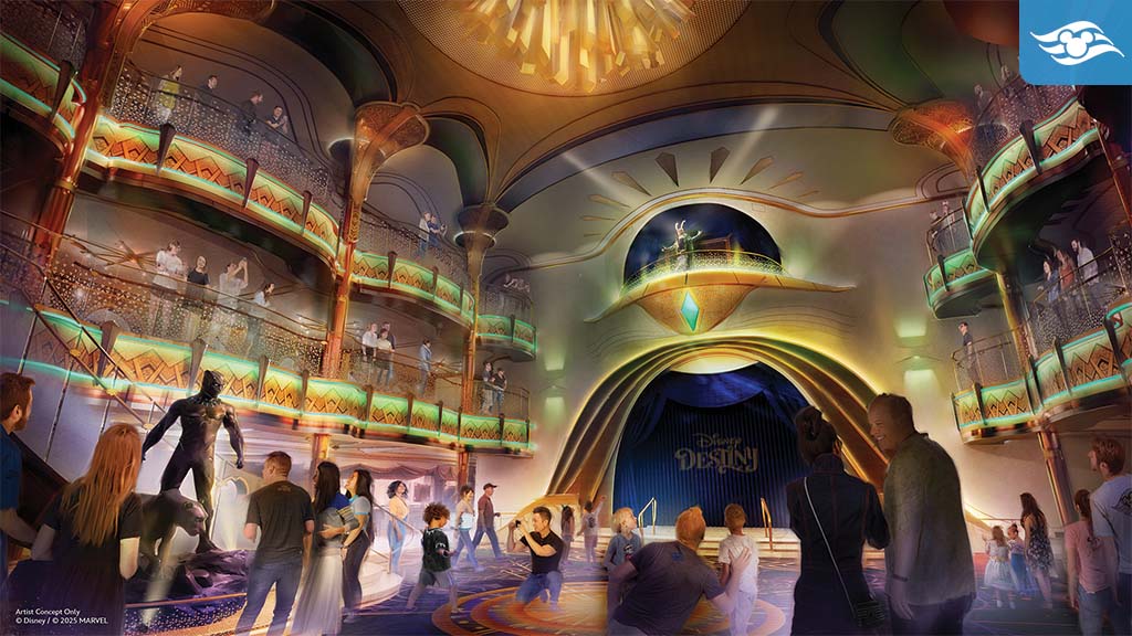 disney-cruise-line-destiny-villainous-experiences Concept art of Disney Destiny’s Grand Hall, featuring vibrant lighting, elegant balconies, and characters like Loki and Black Panther interacting with guests.